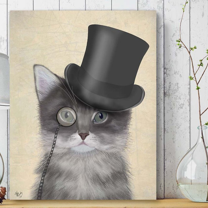 Cat, Grey with Top Hat, Art Print, Canvas Wall Art