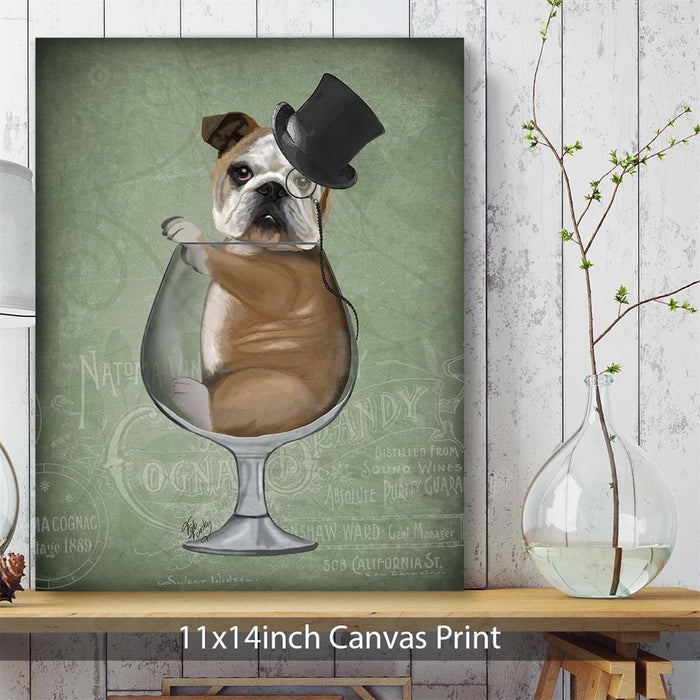 English Bulldog in Brandy Glass - Green, Dog Art Print, Wall art | Canvas 11x14inch