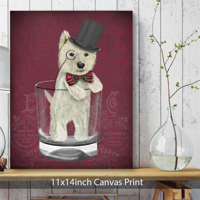 Westie in Whisky Tumbler - Red, Dog Art Print, Wall art | Canvas 11x14inch