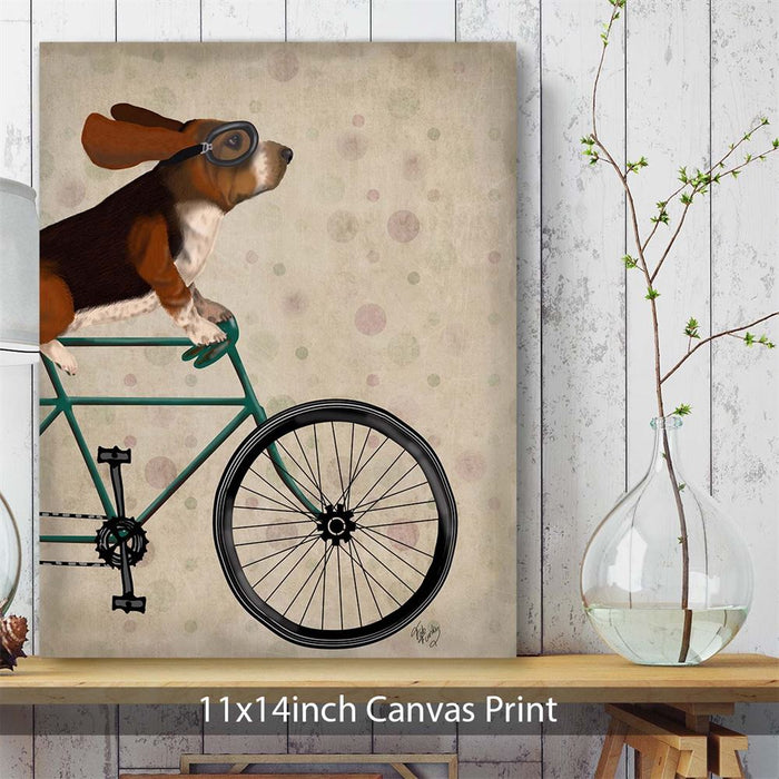Basset Hound on Bicycle, Dog Art Print, Wall art | Canvas 11x14inch