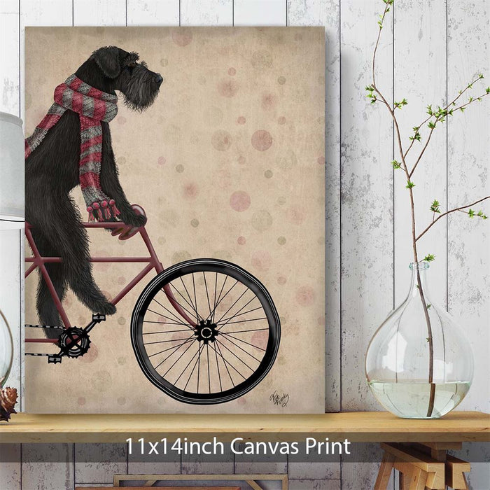 Schnauzer on Bicycle, Black, Dog Art Print, Wall art | Canvas 11x14inch