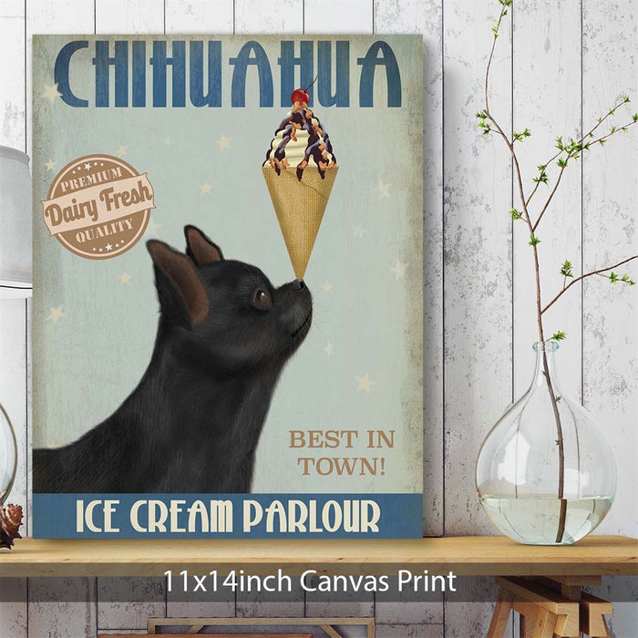 Chihuahua, Black, Ice Cream, Dog Art Print, Wall art | Canvas 11x14inch