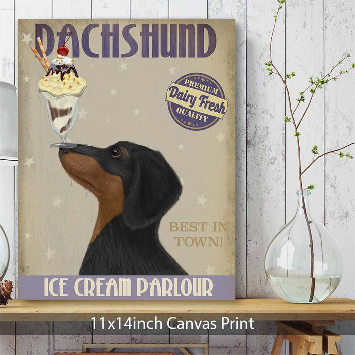 Dachshund, Black and Tan, Ice Cream, Dog Art Print, Wall art | Canvas 11x14inch
