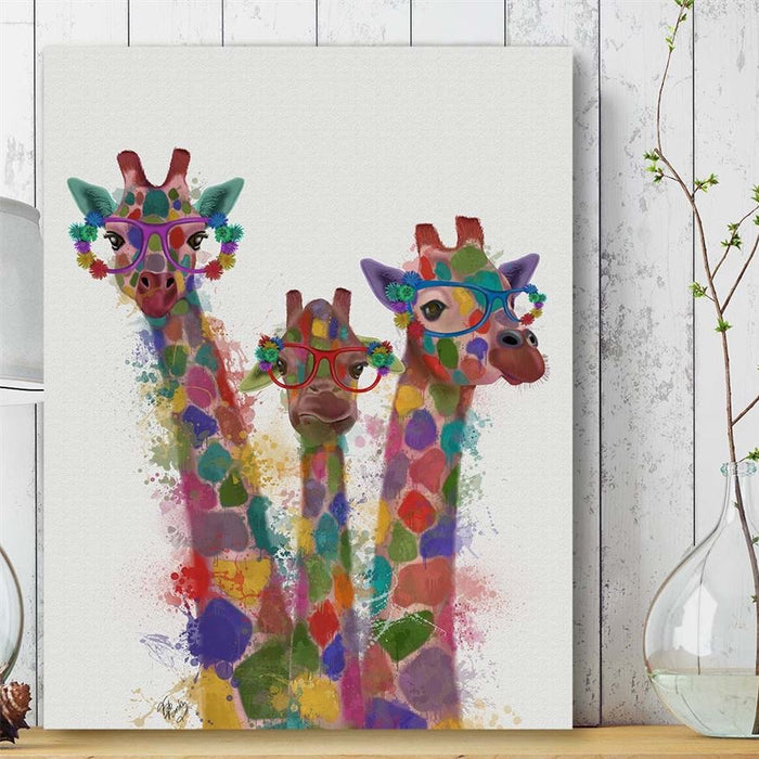 Giraffe Trio Rainbow Splash, Art Print, Canvas Wall Art