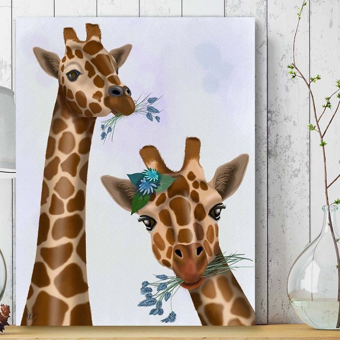 Chewing Giraffe Duo, Art Print, Canvas Wall Art