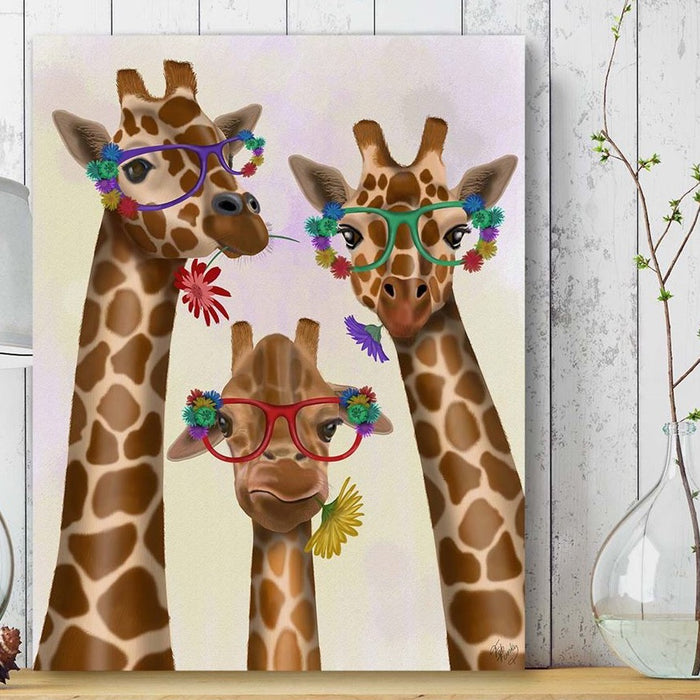Giraffe and Flower Glasses, Trio, Art Print
