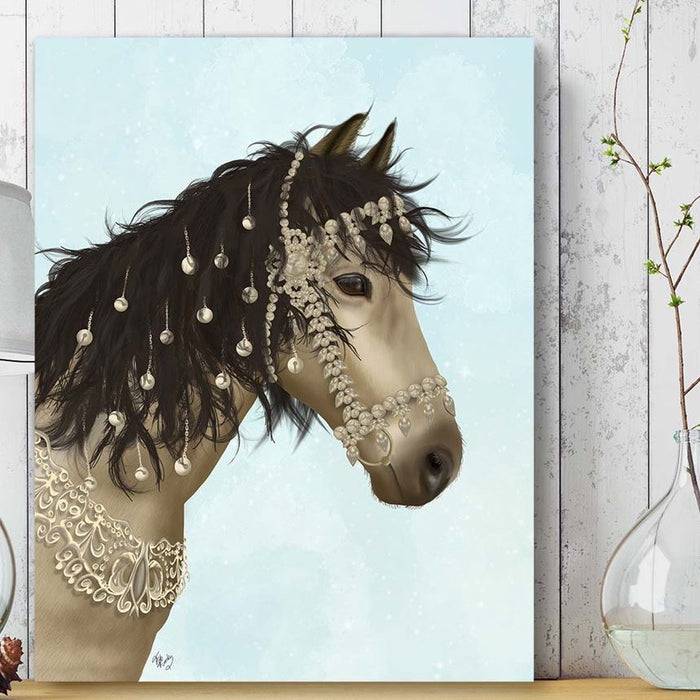 Horse Buckskin with Jewelled Bridle, Animal Art Print | Framed Black