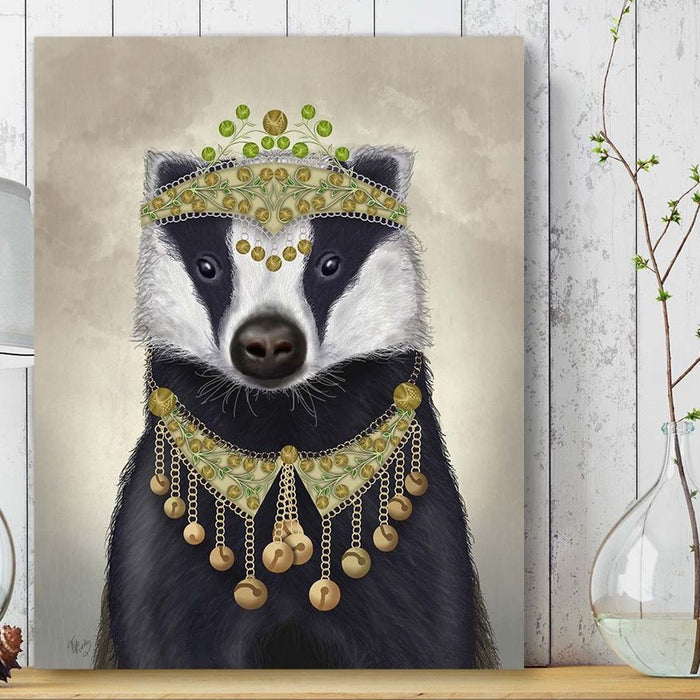 Badger with Tiara, Portrait, Animal Art Print, Wall Art | Canvas 11x14inch