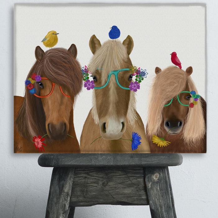 Horse Trio with Flower Glasses, Animal Art Print | Framed Black
