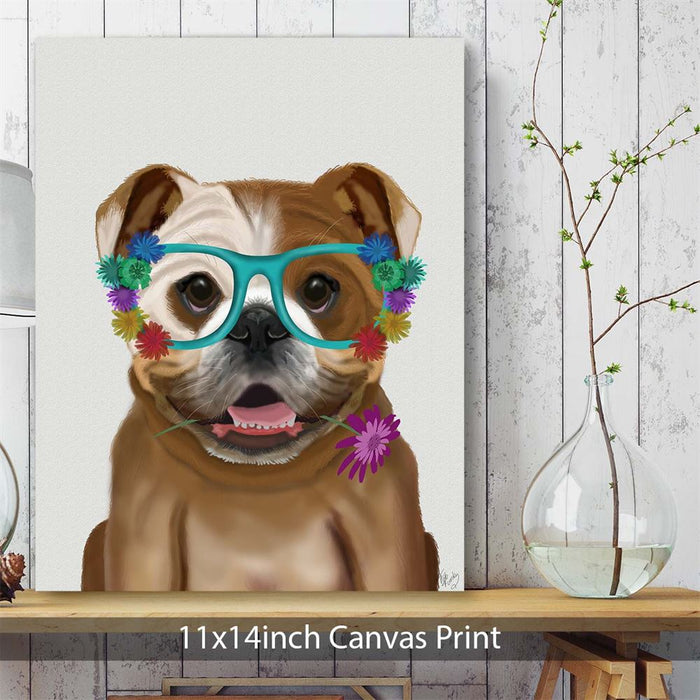 English Bulldog and Flower Glasses, Dog Art Print, Wall art | Canvas 11x14inch