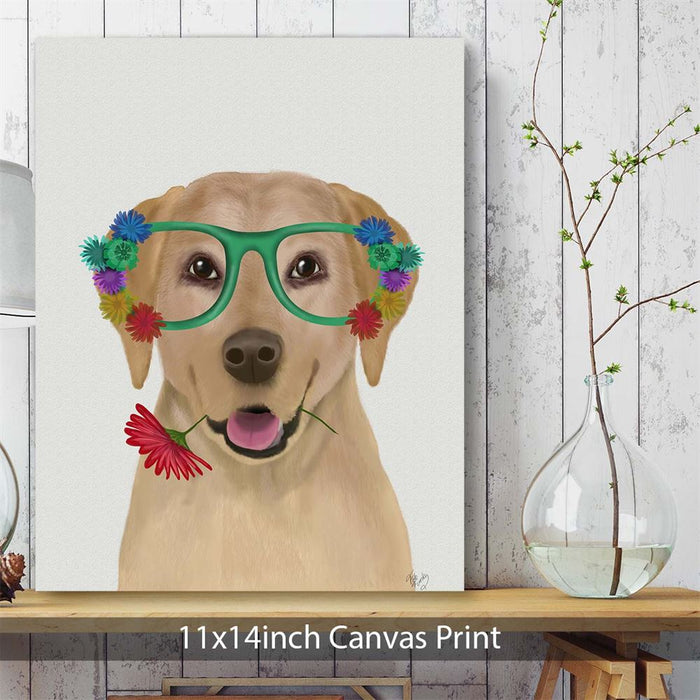 Labrador Yellow and Flower Glasses, Dog Art Print, Wall art | Canvas 11x14inch