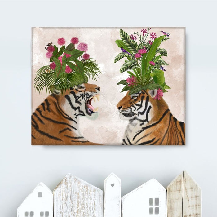 Hot House Tigers, Pair, Pink Green, Art Print | Canvas 18x24inch