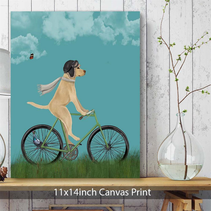 Labrador Yellow in Flying Helmet on Bicycle, Sky, Dog Art Print, Wall art | Canvas 11x14inch