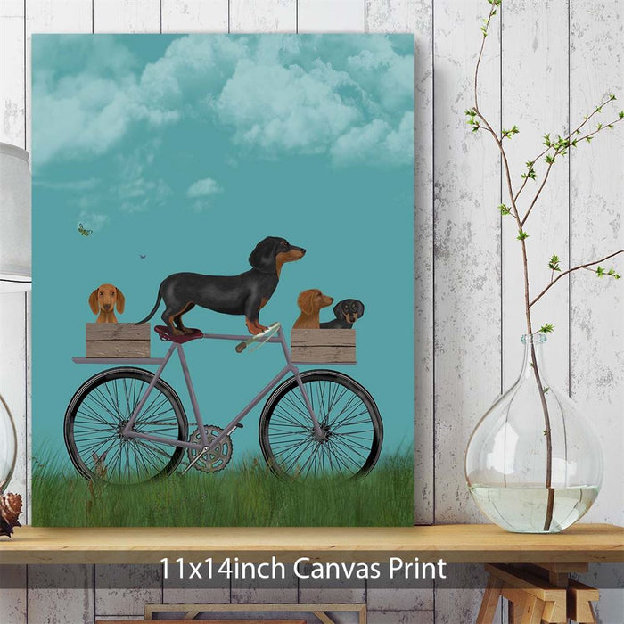 Dachshunds on Bicycle, Dog Art Print, Wall art | Canvas 11x14inch