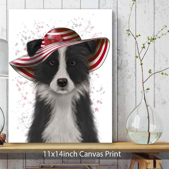 Border Collie in Red and White Floppy Hat, Dog Art Print, Wall art | Canvas 11x14inch
