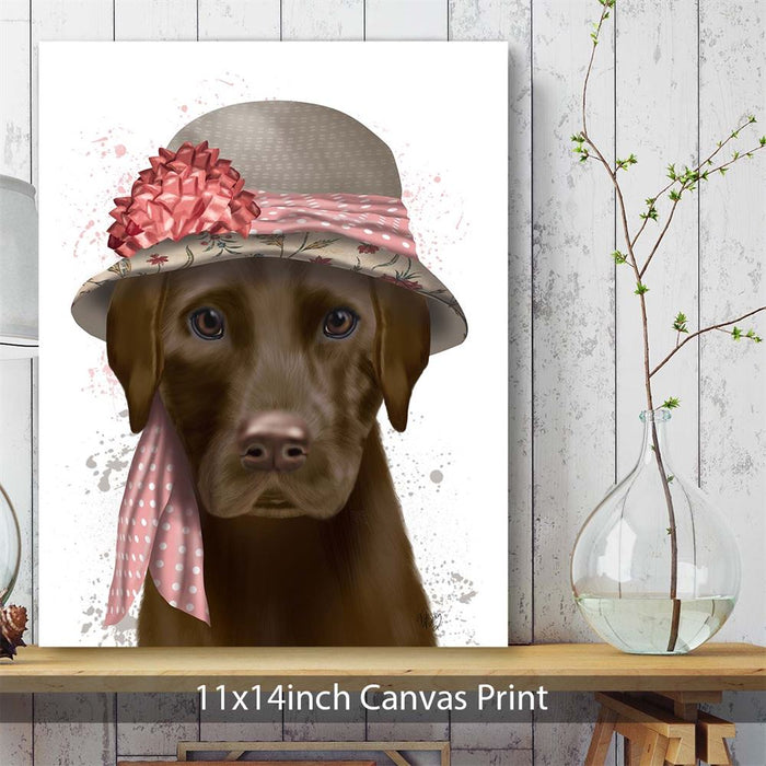 Chocolate Labrador Hat and Pink Scarf, Dog Art Print, Wall art | Canvas 11x14inch