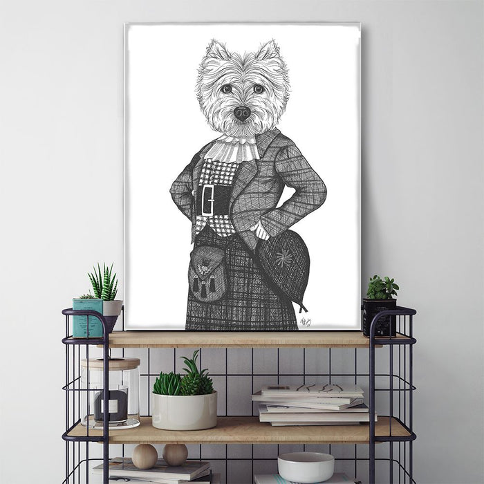 Portrait of Westie Dog In Kilt, Limited Edition Print of drawing | Canvas 28x40inch