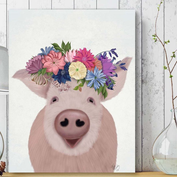 Pig and Flower Crown, Animal Art Print, Wall Art | Framed Black