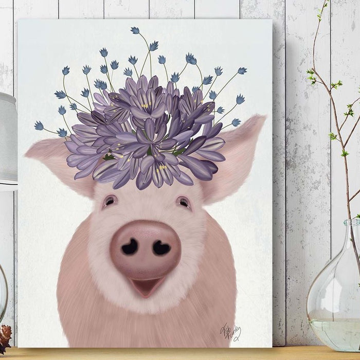 Pig and Lilac Flowers, Animal Art Print, Wall Art | Framed Black