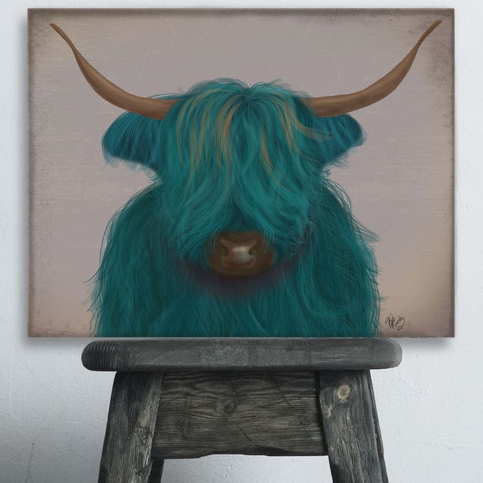 Highland Cow 3, Turquoise, Portrait, Animal Art Print | Framed Black