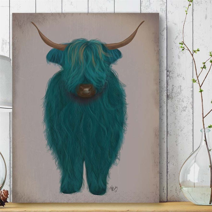 Highland Cow 3, Turquoise, Full, Animal Art Print | Framed Black