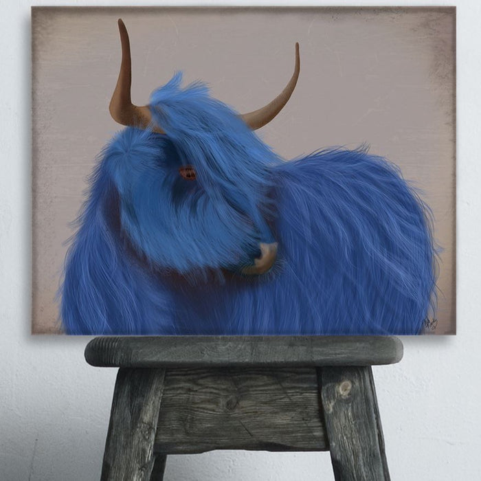 Highland Cow 2, Blue, Portrait, Animal Art Print | Framed Black