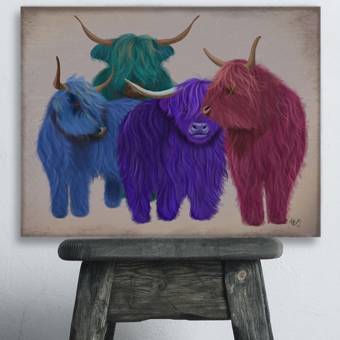 Highland Cows, Multicoloured Herd, Animal Art Print | Framed Black