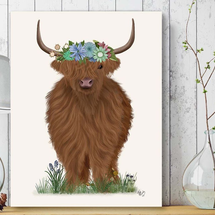 Highland Cow with Flower Crown 2, Full, Animal Art Print | Framed Black