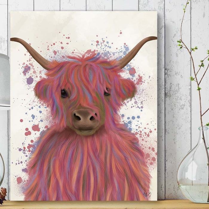 Highland Cow 8, Pink Portrait, Animal Art Print | Framed Black