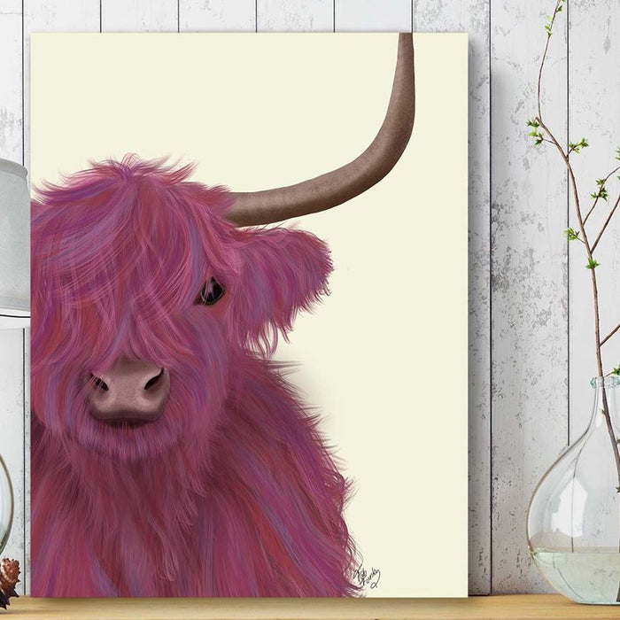 Highland Cow 1, Pink, Close Up, Animal Art Print | Framed Black