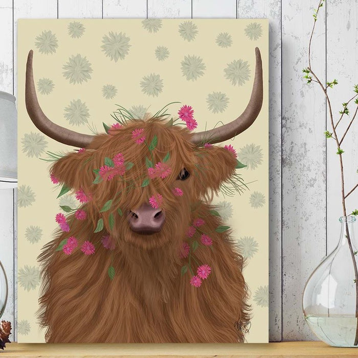 Highland Cow 1, Pink Flowers, Animal Art Print | Framed Black