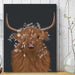 Highland Cow 1, White Flowers, Animal Art Print | Framed Black