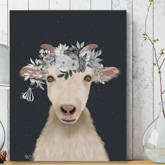Goat 1, White Flowers, Animal Art Print, Wall Art | Framed Black