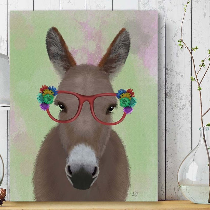 Donkey Red Flower Glasses, Animal Art Print, Wall Art | Framed Black