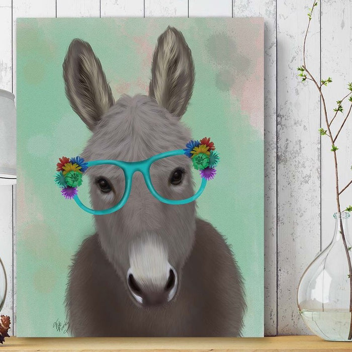 Donkey Turquoise Flower Glasses, Animal Art Print | Framed Black