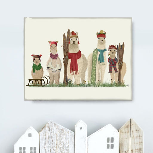 Llama Family Winter Sports, Art Print, Canvas Wall Art