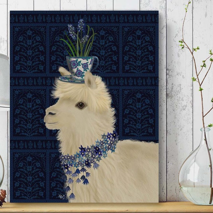Llama Teacup and Blue Flowers, Animal Art Print