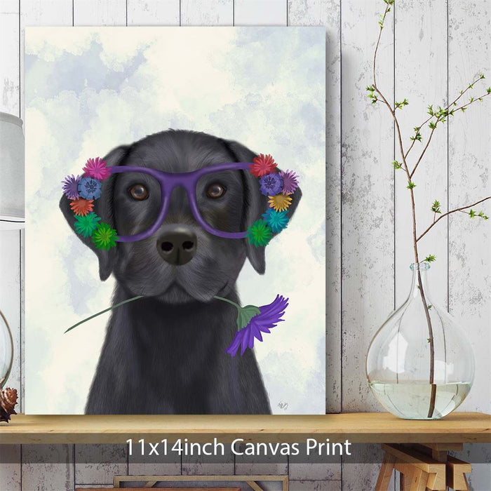 Labrador Black and Flower Glasses, Dog Art Print, Wall art | Canvas 11x14inch