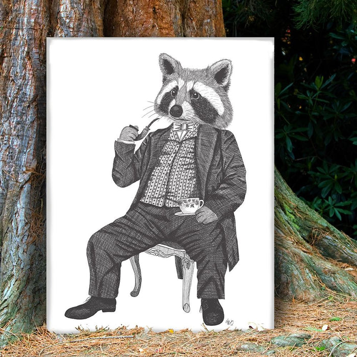 Raccoon Taking Tea, Limited Edition Print of drawing | Ltd Ed Canvas 28x40inch