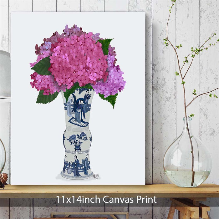 Chinoiserie Hydrangea Pink, Blue Vase, Art Print | Framed Black