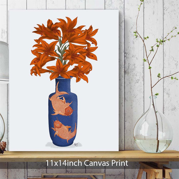 Chinoiserie Lilies Orange, Blue Vase, Art Print | Framed Black