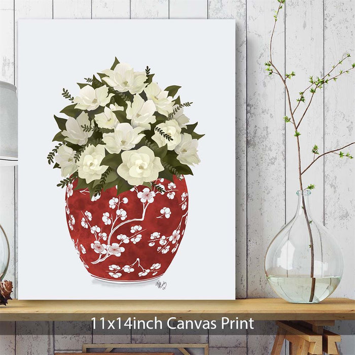 Chinoiserie Magnolias White, Red Vase, Art Print | Framed Black