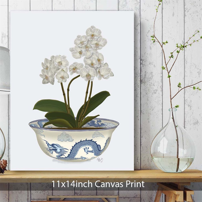 Chinoiserie Orchids White, Dragon Bowl Blue, Art Print | Framed Black