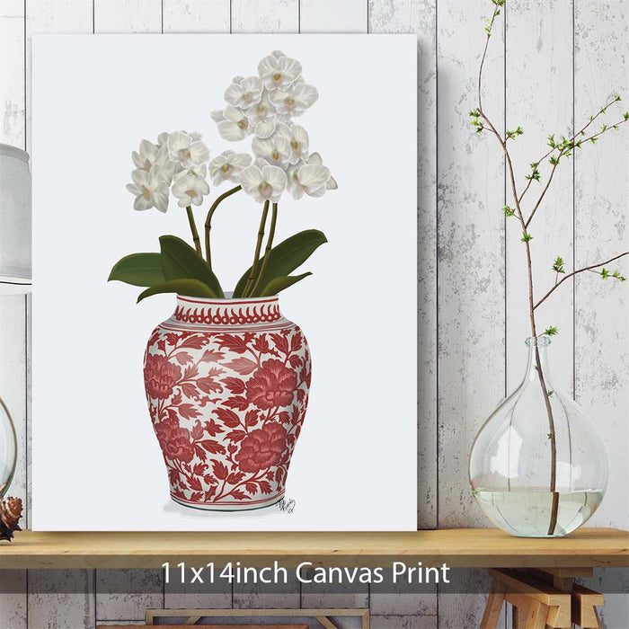 Chinoiserie Orchids White, Red Vase, Art Print | Framed Black