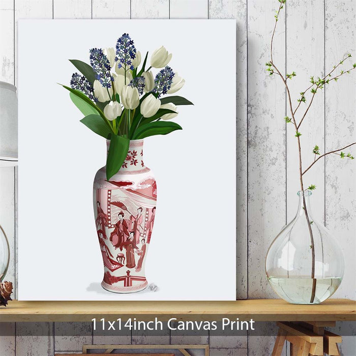 Chinoiserie Tulips White, Hyacinth Blue, Red Vase, Art Print | Framed Black