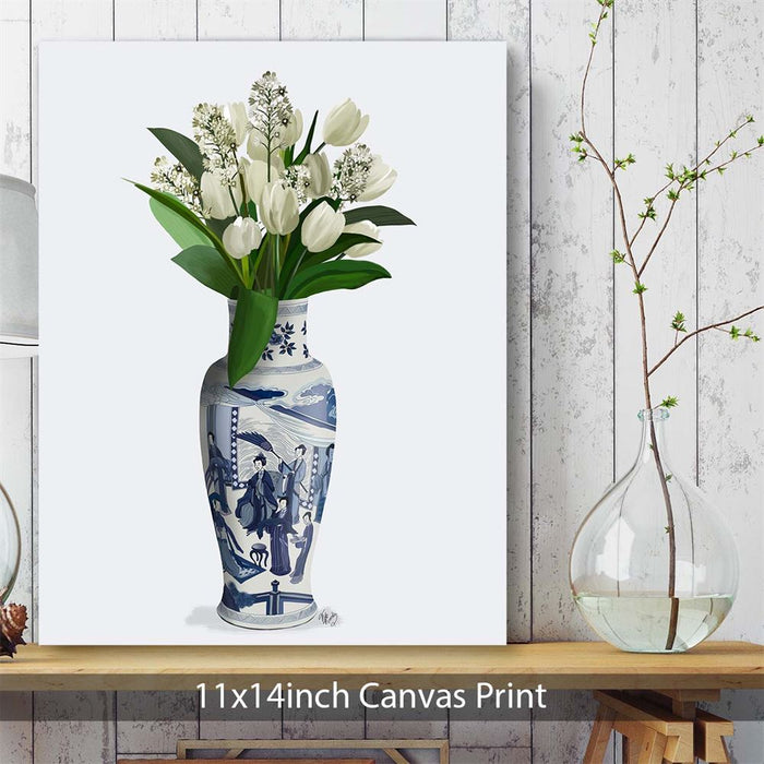 Chinoiserie Tulips White, Hyacinth White, Blue Vase, Art Print | Framed Black