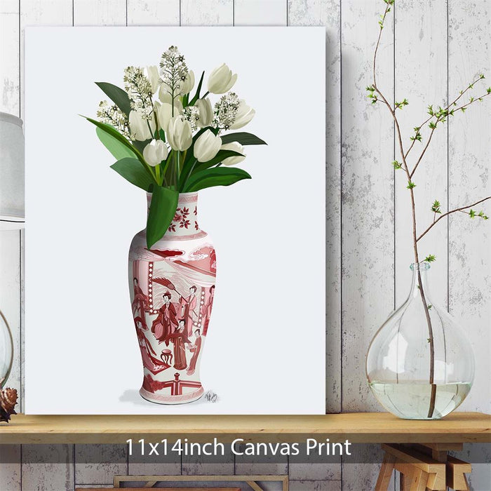 Chinoiserie Tulips White, Hyacinth White, Red Vase, Art Print | Framed Black