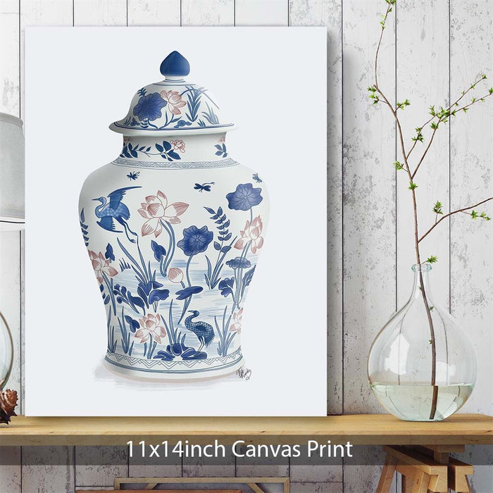 Chinoiserie Vase Crane Garden Blue, Art Print | Framed Black