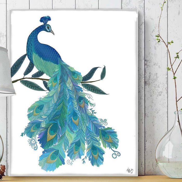 Peacock with Doodle Tail on White , Art Print, Wall Art | Print 24x36in