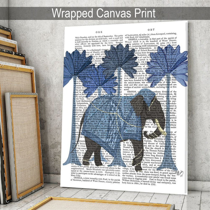 Elephant in palms, Blue & White, Animalia Book Print, Art Print, Wall Art
